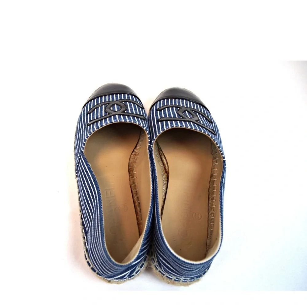CHANEL Navy Blue Striped Espadrilles with Black Cap Toe - Picture 5 of 6
